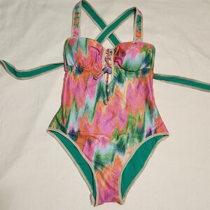 Becca Swim Mirage One Piece Metallic Neon swimsuit Seashell Resort  XS/S